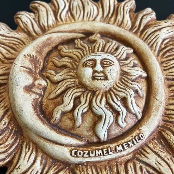 Mexican Folk Art Pottery SUN Moon Wall Plaque Hand Painted Clay 9" Terracotta - Picture 2 of 5